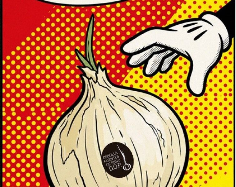 Ilustración pop-art de una cebolla dulce con el sello DOP Cebolla Fuentes de Ebro y el texto ¡Es ella!