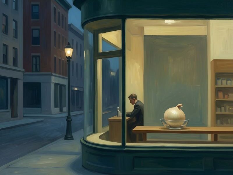 Ilustración de un escaparate de noche con una cebolla dulce expuesta en un cuenco, evocando una cebolla sin nombre en el mercado