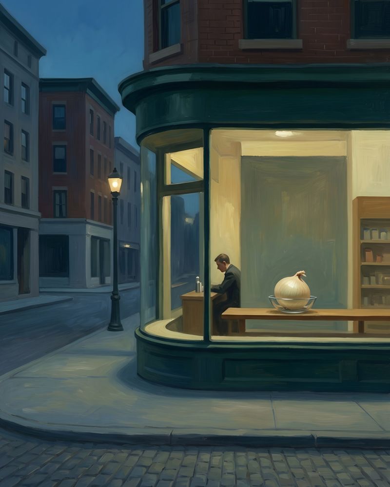 El problema de la cebolla no es el precio. Somos nosotros, los productores 1 Ilustración de un escaparate de noche con una cebolla dulce expuesta en un cuenco, evocando una cebolla sin nombre en el mercado