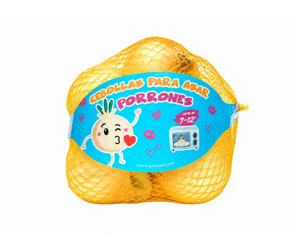 MALLA<br>PORRONES <br><p>cebolla dulce para asar</p> 1 Malla de porrones Jumosol: cebollas dulces pequeñas para asar, listas en 7-12 minutos al microondas