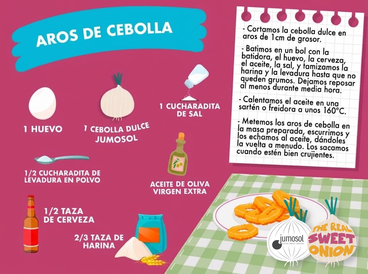 Aros de cebolla dulce crujientes: la receta con masa de cerveza 1 Lámina ilustrada de la receta de aros de cebolla dulce Jumosol