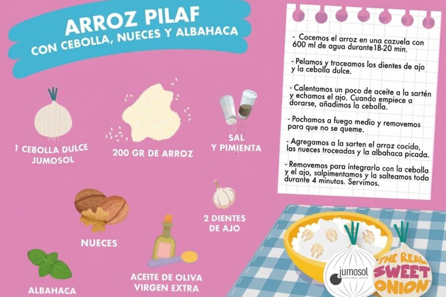 Lámina ilustrada de la receta de arroz pilaf con cebolla dulce Jumosol, nueces y albahaca