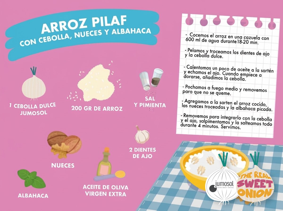 Arroz pilaf con cebolla dulce, nueces y albahaca 1 Lámina ilustrada de la receta de arroz pilaf con cebolla dulce Jumosol, nueces y albahaca