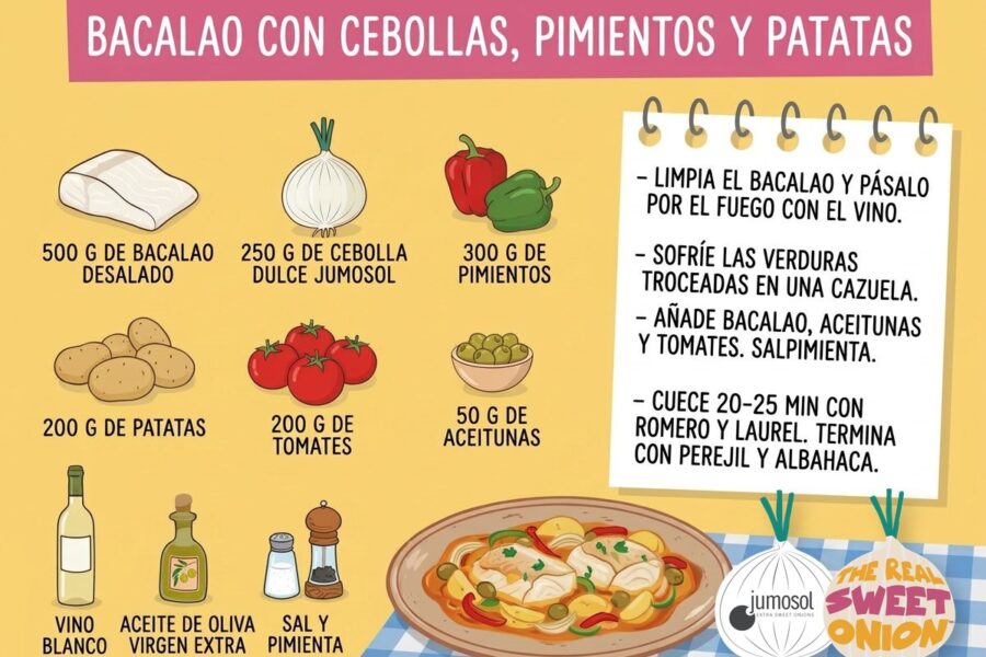 Lámina ilustrada de la receta de bacalao con cebolla dulce Jumosol, pimientos y patatas: ingredientes y pasos