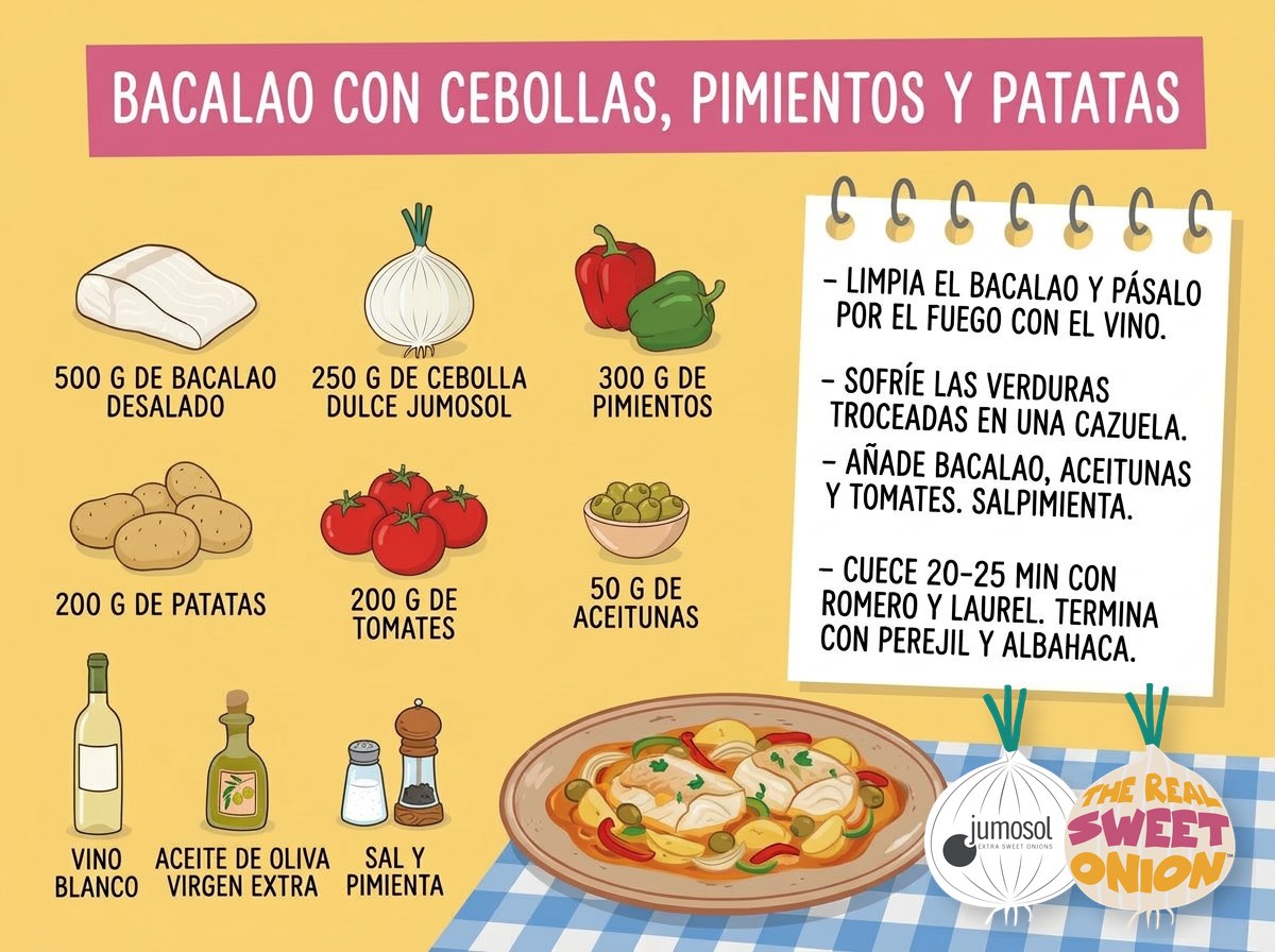 Receta de cocina: bacalao con cebolla dulce, pimientos y patatas 1 Lámina ilustrada de la receta de bacalao con cebolla dulce Jumosol, pimientos y patatas: ingredientes y pasos