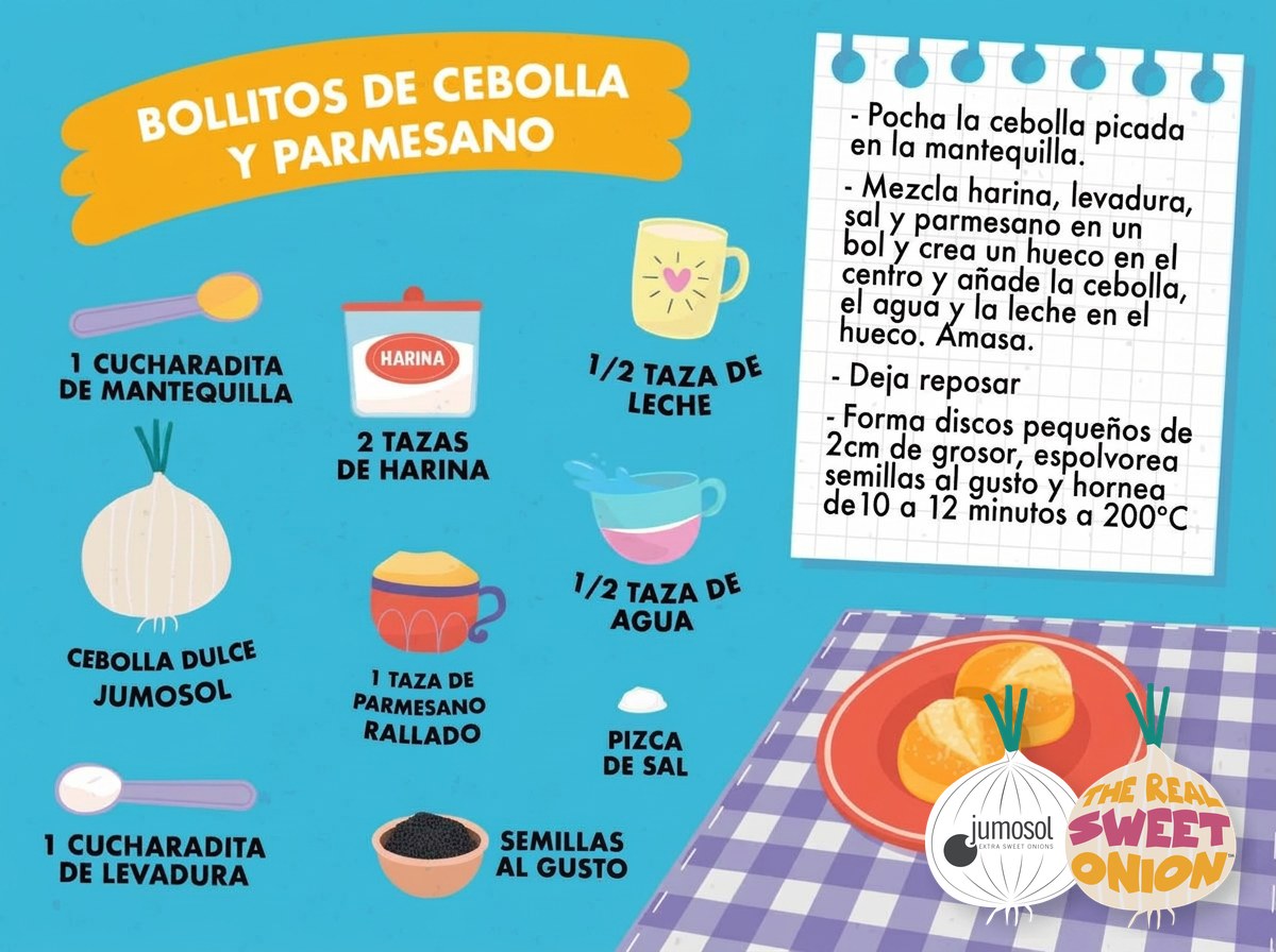 Lámina ilustrada de la receta de bollitos de cebolla y parmesano con cebolla dulce Jumosol