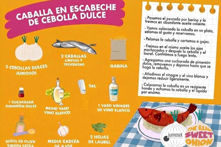 Lámina ilustrada de la receta de caballa en escabeche de cebolla dulce Jumosol