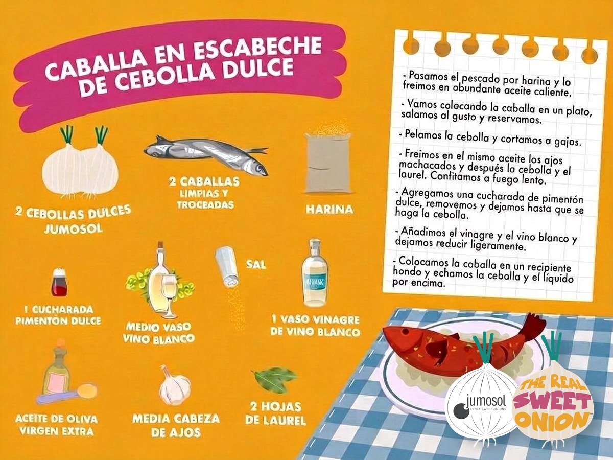 Caballa en escabeche de cebolla dulce 1 Lámina ilustrada de la receta de caballa en escabeche de cebolla dulce Jumosol