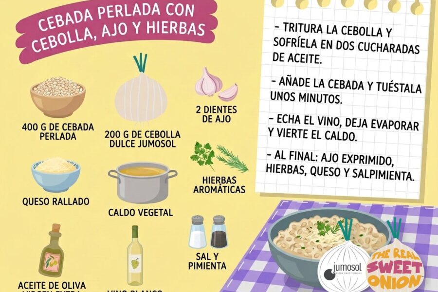 Lámina ilustrada de la receta de cebada perlada con cebolla dulce Jumosol, ajo y hierbas: ingredientes y pasos