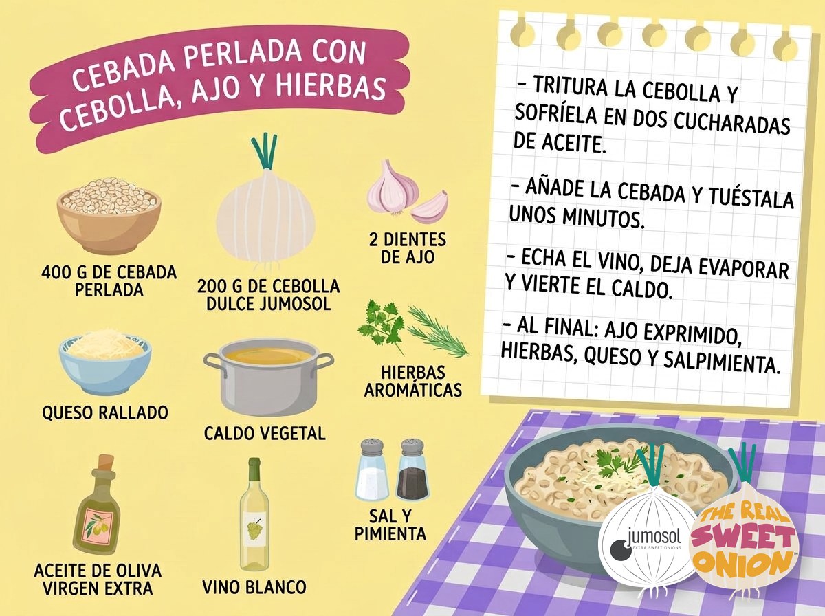 Receta de cocina: cebada perlada con cebolla dulce, ajo y hierbas 1 Lámina ilustrada de la receta de cebada perlada con cebolla dulce Jumosol, ajo y hierbas: ingredientes y pasos