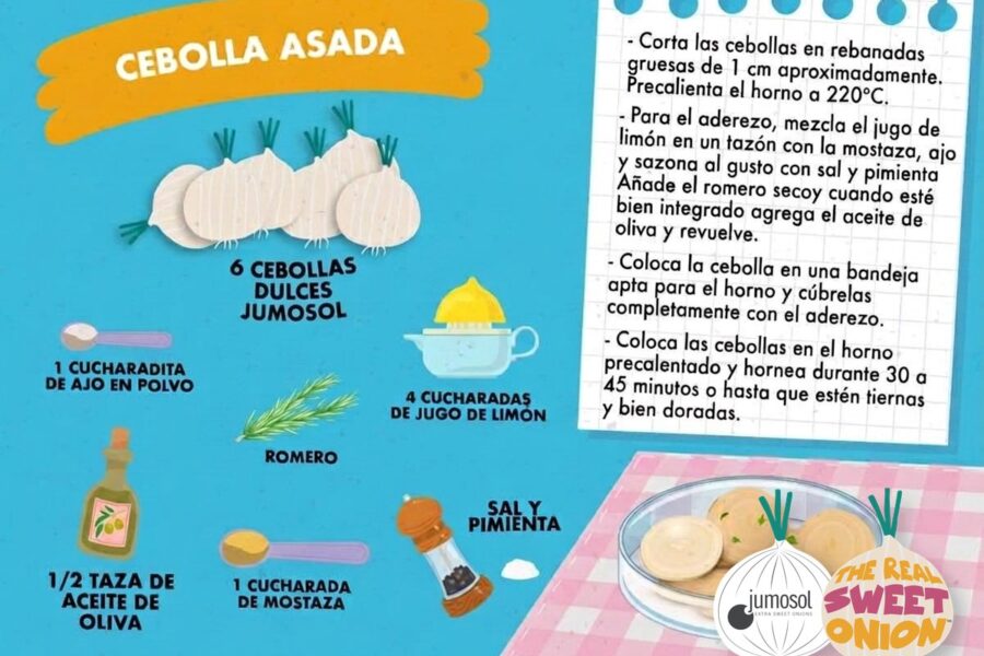 Lámina ilustrada de la receta de cebolla asada con cebolla dulce Jumosol