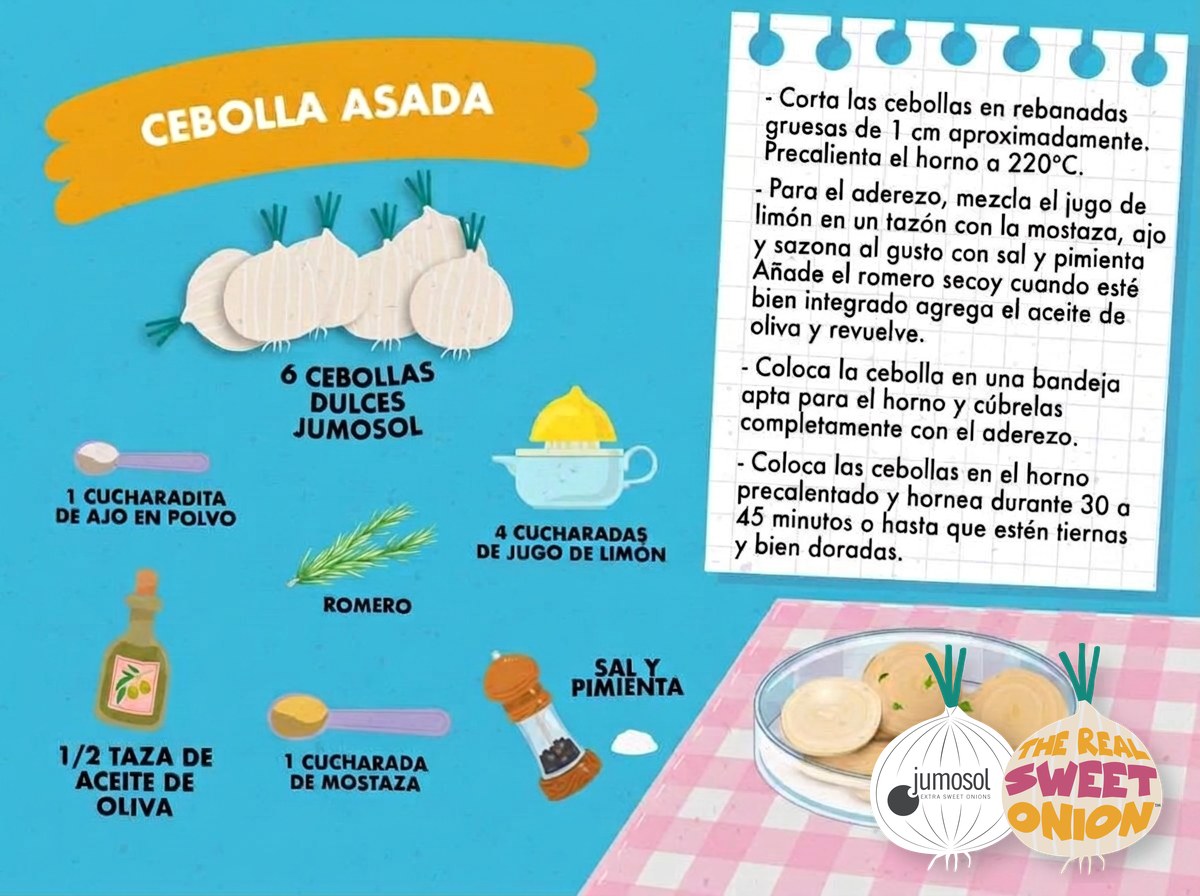 Cebolla dulce asada con aderezo de mostaza y romero 1 Lámina ilustrada de la receta de cebolla asada con cebolla dulce Jumosol