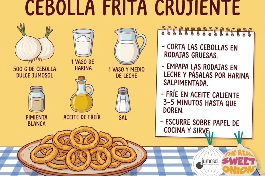 Lámina ilustrada de la receta de cebolla dulce Jumosol frita crujiente: ingredientes y pasos