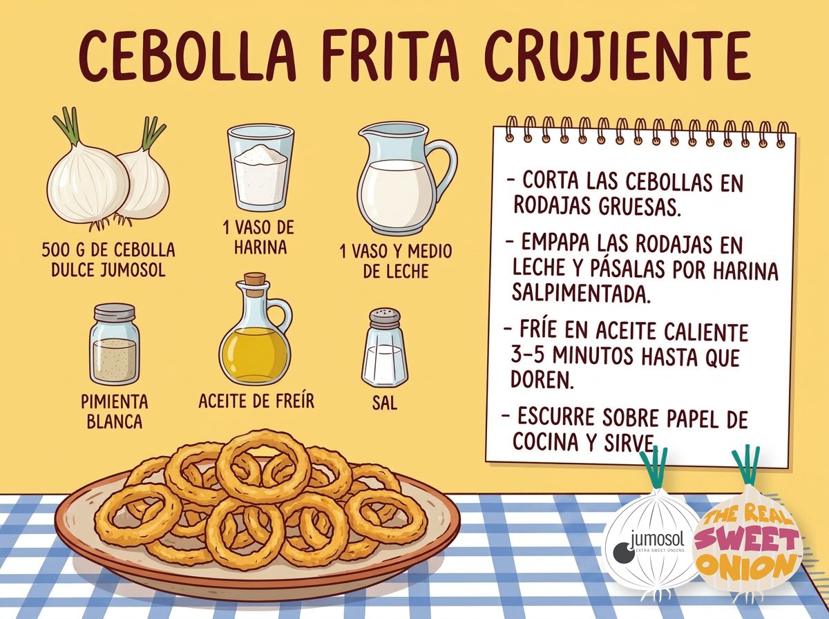 Lámina ilustrada de la receta de cebolla dulce Jumosol frita crujiente: ingredientes y pasos