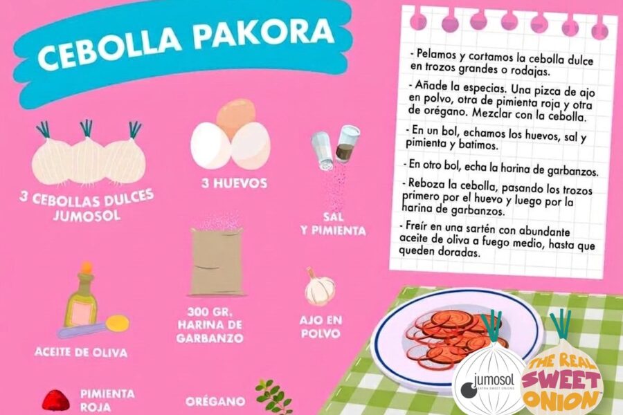 Lámina ilustrada de la receta de cebolla pakora con cebolla dulce Jumosol
