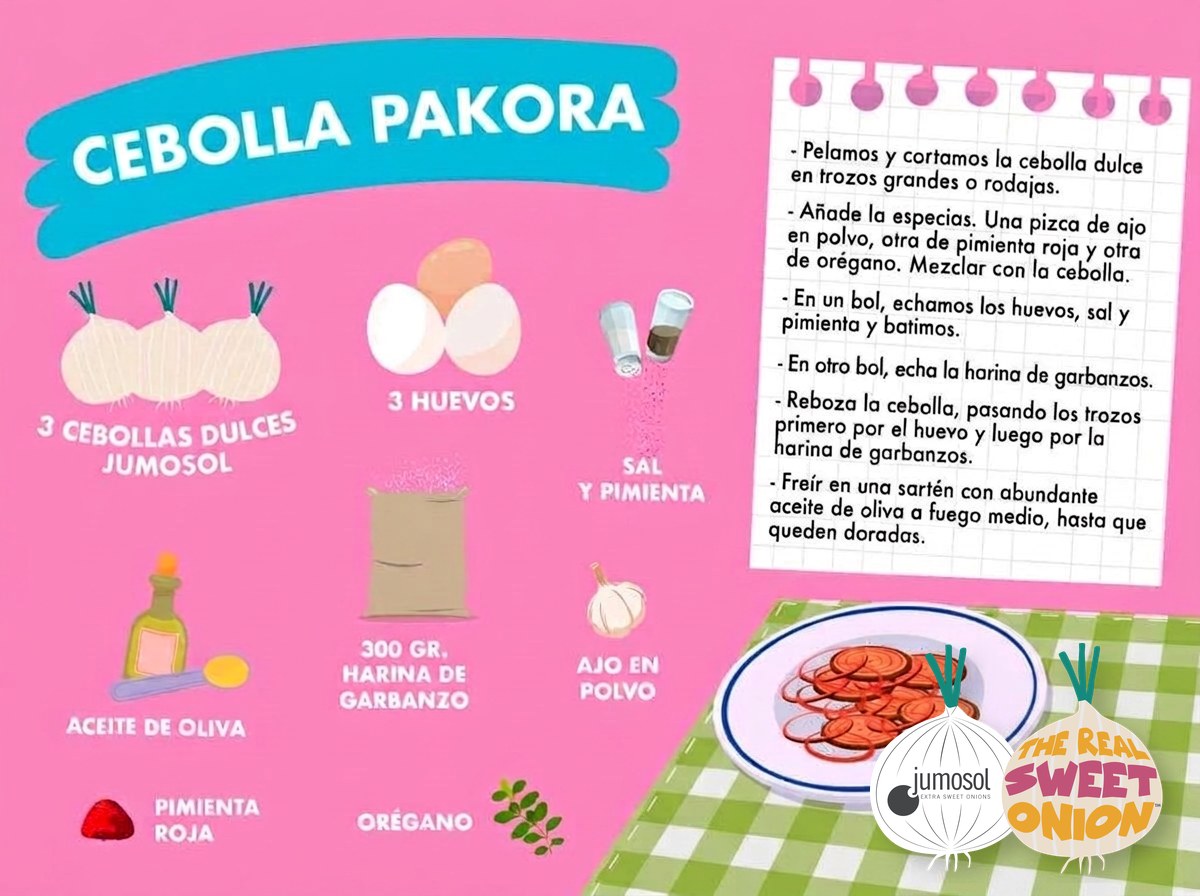 Pakora de cebolla dulce: el rebozado especiado que se come a pellizcos 1 Lámina ilustrada de la receta de cebolla pakora con cebolla dulce Jumosol