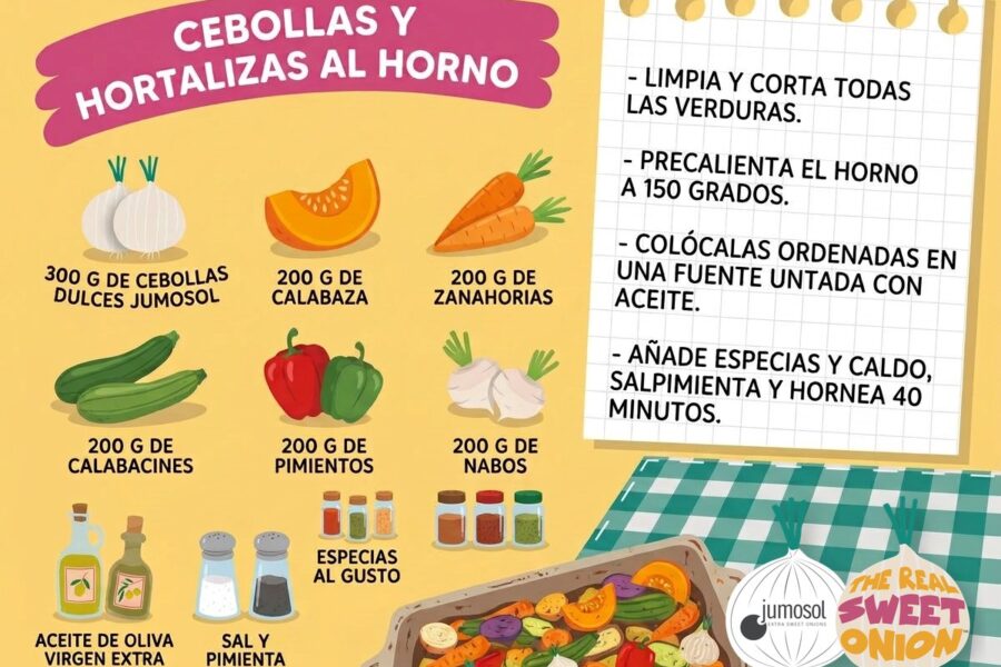 Lámina ilustrada de la receta de cebollas dulces Jumosol y hortalizas al horno: ingredientes y pasos