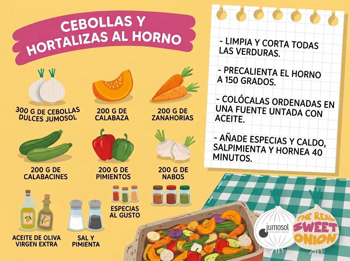 Lámina ilustrada de la receta de cebollas dulces Jumosol y hortalizas al horno: ingredientes y pasos