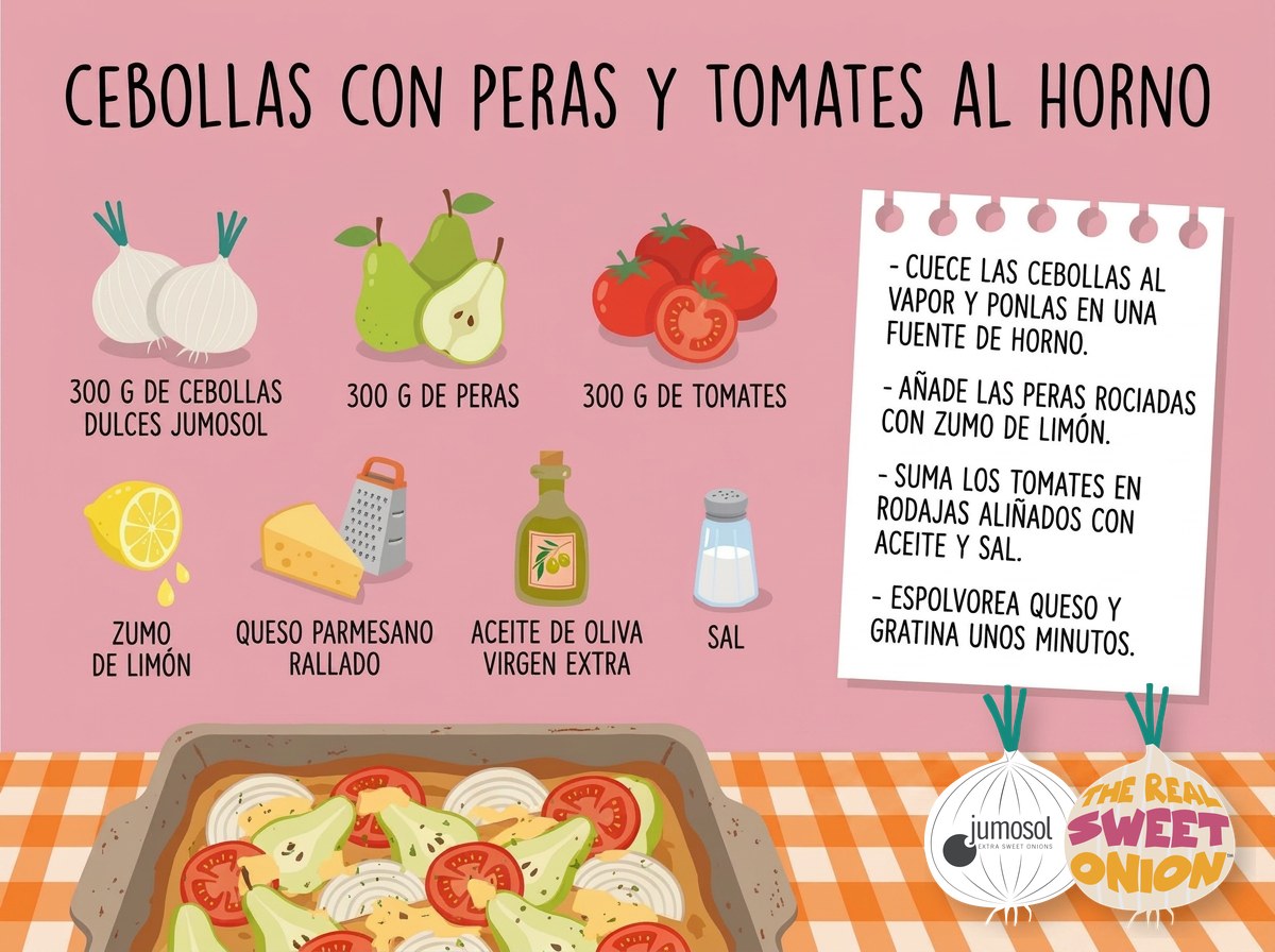 Lámina ilustrada de la receta de cebollas dulces Jumosol con peras y tomates al horno: ingredientes y pasos