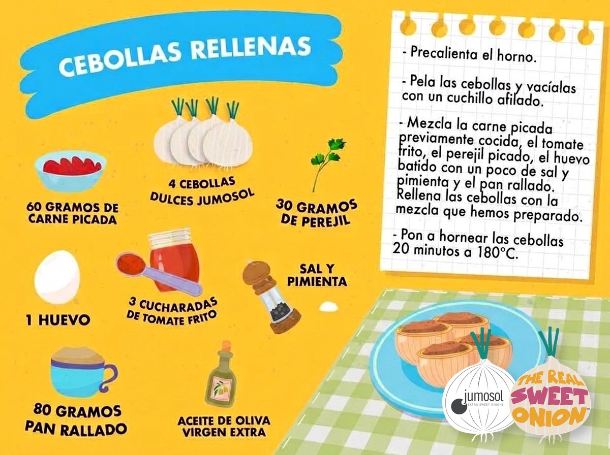 Cebollas dulces rellenas de carne, al horno 1 Lámina ilustrada de la receta de cebollas rellenas con cebolla dulce Jumosol: ingredientes y pasos