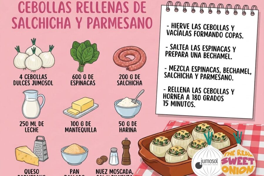 Lámina ilustrada de la receta de cebollas dulces Jumosol rellenas de salchicha y parmesano: ingredientes y pasos