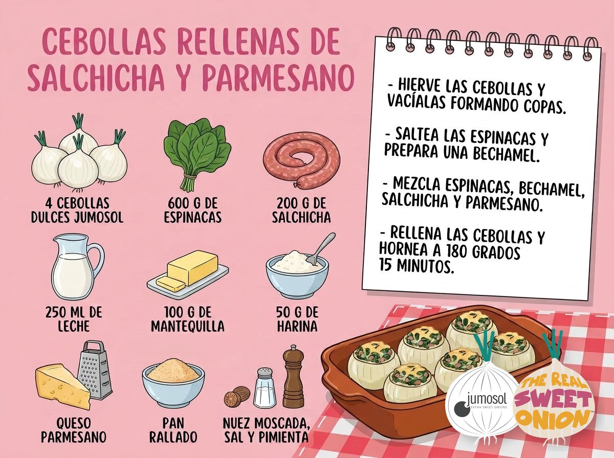 Receta de cocina: cebollas dulces rellenas de salchicha y parmesano 1 Lámina ilustrada de la receta de cebollas dulces Jumosol rellenas de salchicha y parmesano: ingredientes y pasos