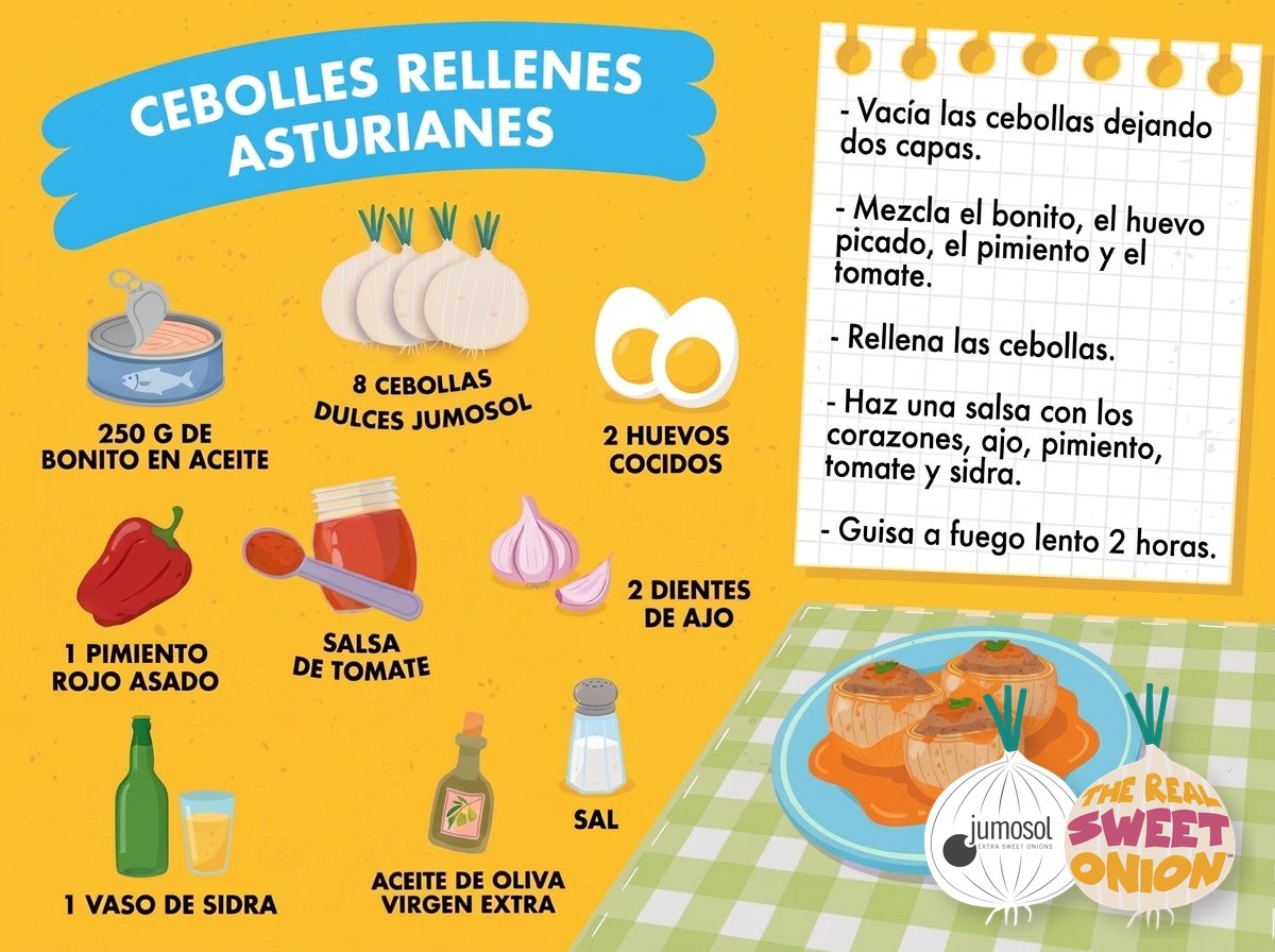 Cebolles rellenes: la receta asturiana original de las cebollas rellenas de bonito 1 Lámina ilustrada de la receta asturiana de cebolles rellenes de bonito con cebolla dulce Jumosol: ingredientes y pasos