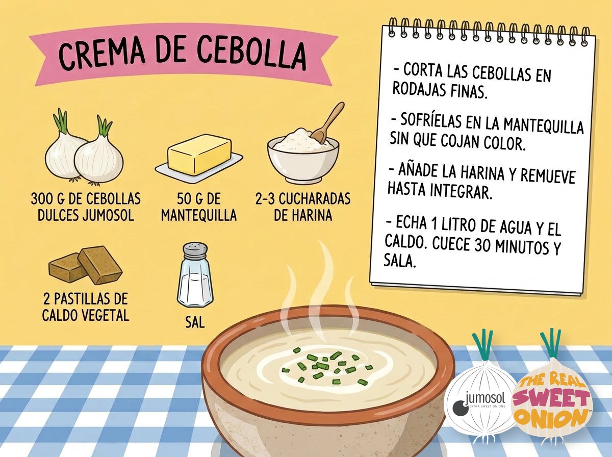 Receta de cocina: crema de cebolla dulce, sencilla y reconfortante 1 Lámina ilustrada de la receta de crema de cebolla dulce Jumosol: ingredientes y pasos