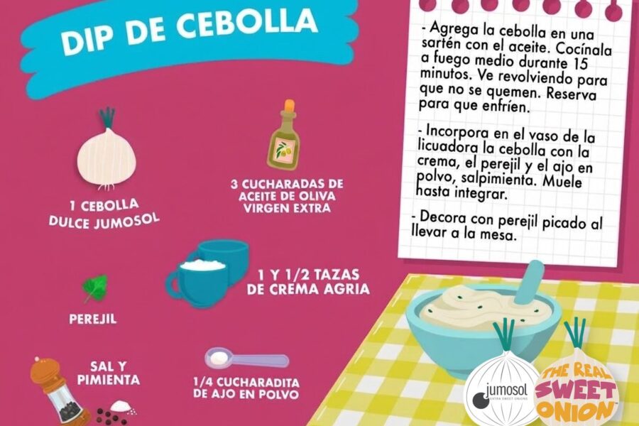 Lámina ilustrada de la receta de dip de cebolla dulce Jumosol