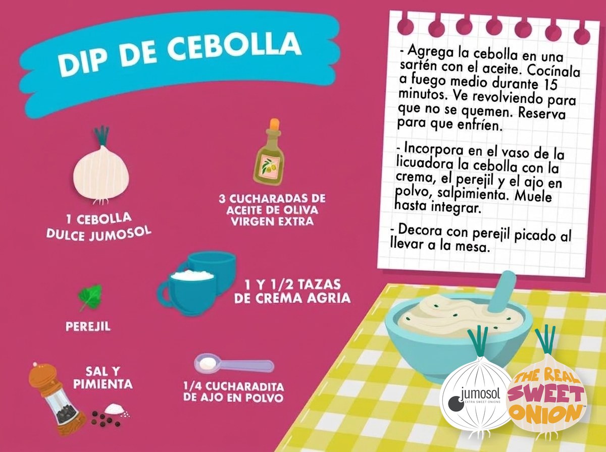 Dip de cebolla dulce casero: el untable que triunfa en cualquier picoteo 1 Lámina ilustrada de la receta de dip de cebolla dulce Jumosol