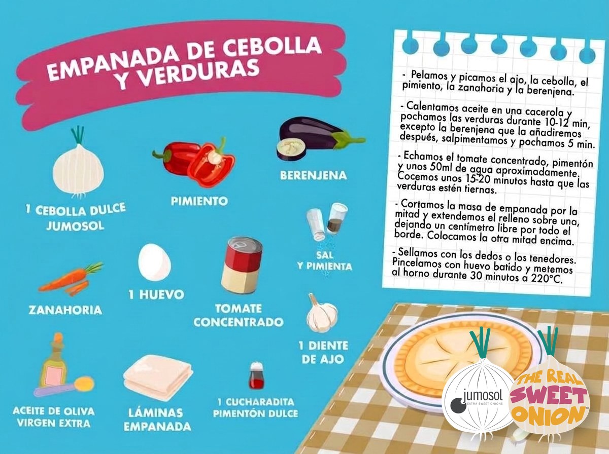 Empanada de cebolla dulce y verduras 1 Lámina ilustrada de la receta de empanada de cebolla dulce Jumosol y verduras