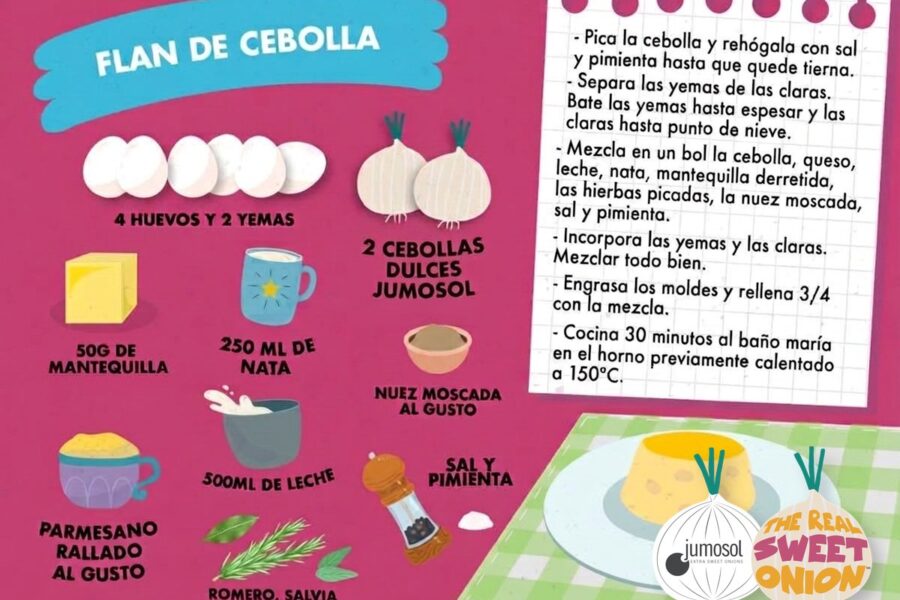 Lámina ilustrada de la receta de flan de cebolla con cebolla dulce Jumosol
