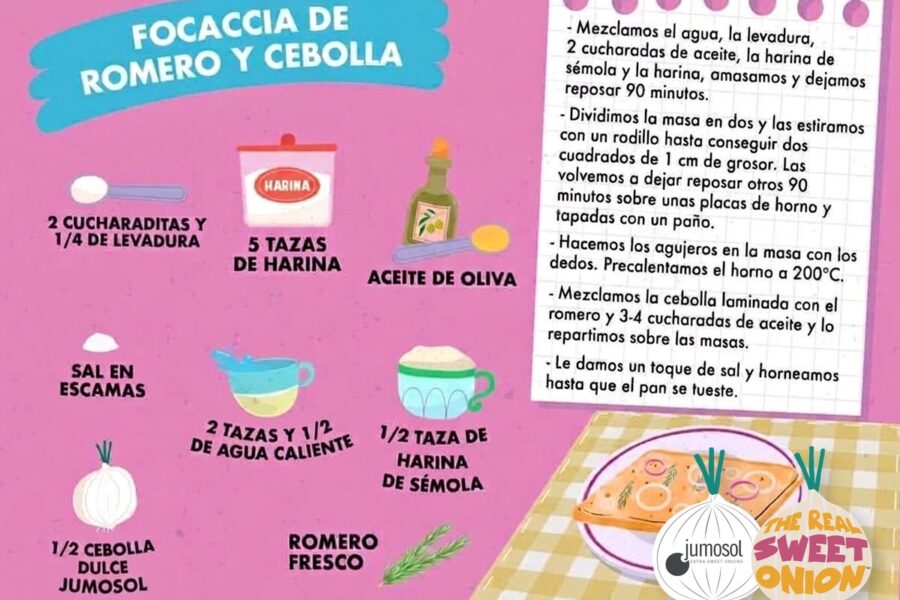 Lámina ilustrada de la receta de focaccia de romero y cebolla dulce Jumosol