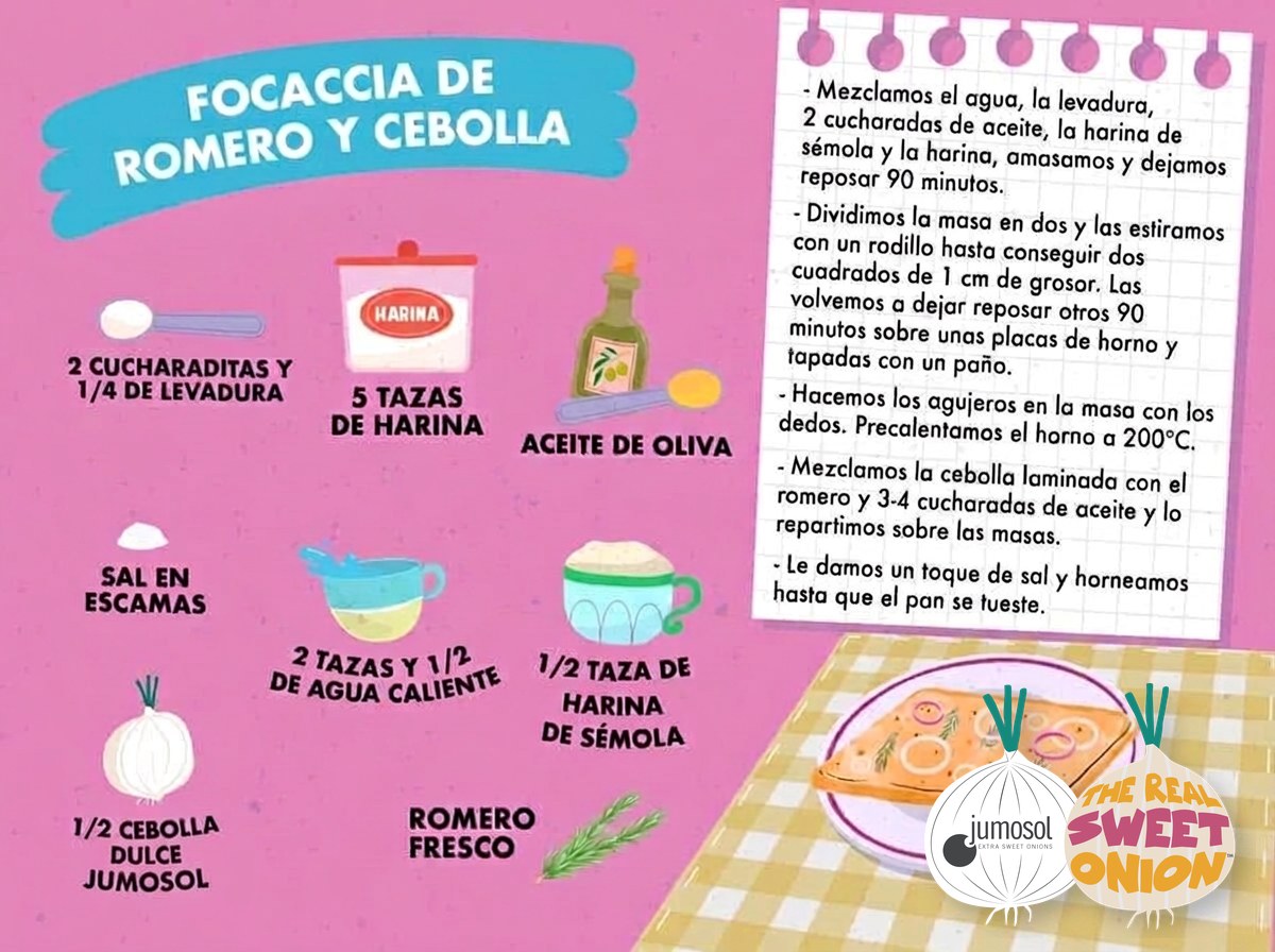 Focaccia de romero y cebolla dulce, esponjosa y aromática 1 Lámina ilustrada de la receta de focaccia de romero y cebolla dulce Jumosol