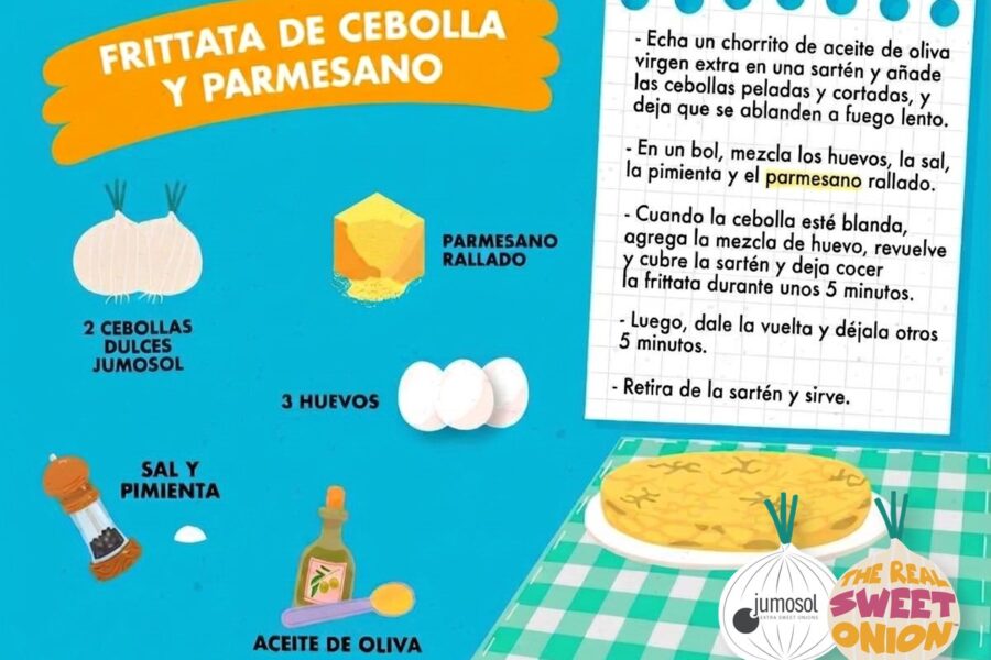 Lámina ilustrada de la receta de frittata de cebolla y parmesano con cebolla dulce Jumosol