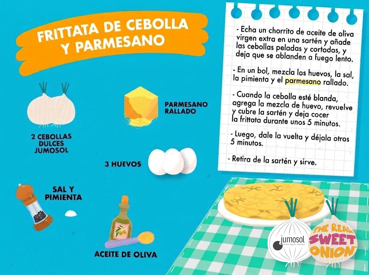 Frittata de cebolla dulce y parmesano 1 Lámina ilustrada de la receta de frittata de cebolla y parmesano con cebolla dulce Jumosol