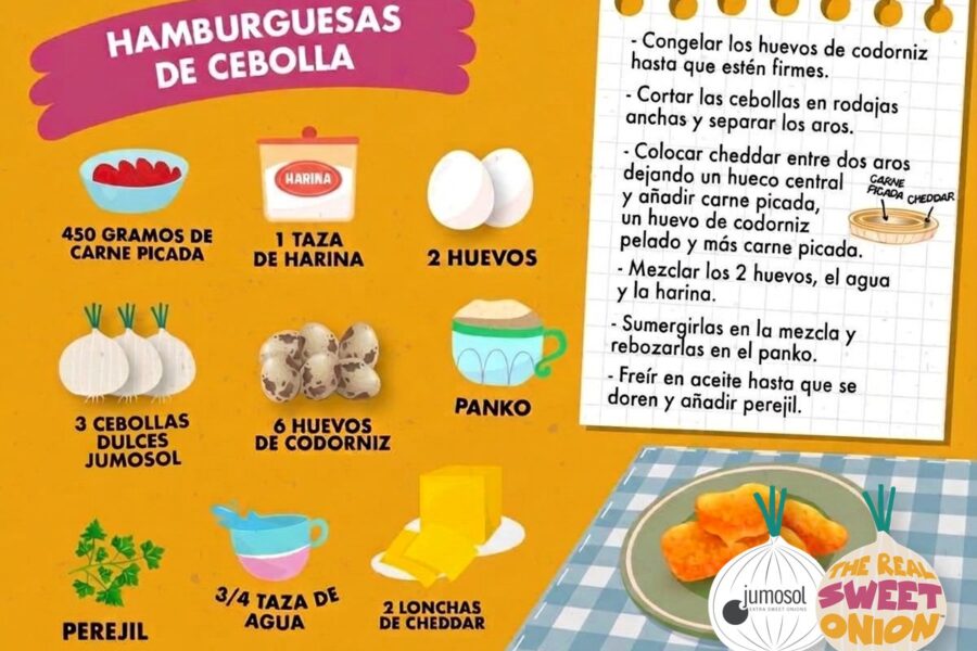 Lámina ilustrada de la receta de hamburguesas de cebolla dulce Jumosol