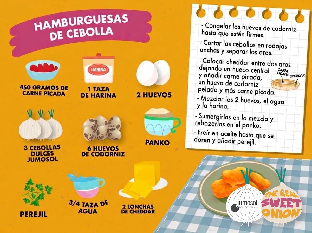 Hamburguesas de cebolla dulce rellenas con huevo de codorniz y cheddar 1 Lámina ilustrada de la receta de hamburguesas de cebolla dulce Jumosol