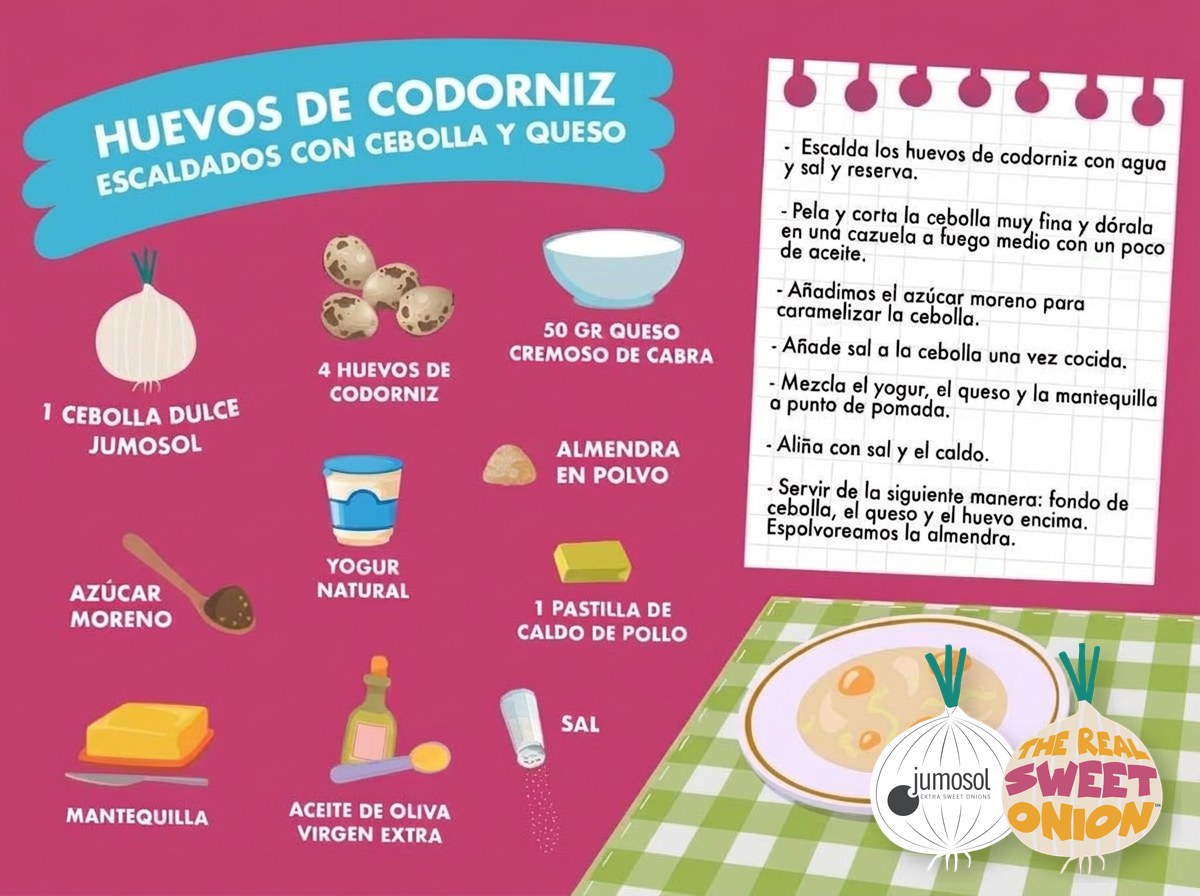 Huevos de codorniz escaldados sobre cebolla dulce caramelizada y queso de cabra 1 Lámina ilustrada de la receta de huevos de codorniz escaldados con cebolla dulce Jumosol y queso