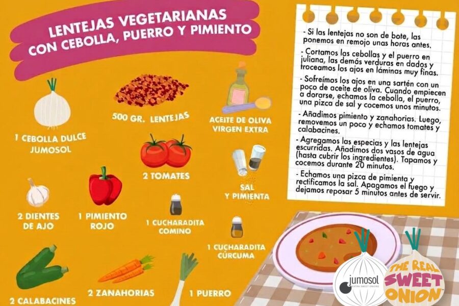 Lámina ilustrada de la receta de lentejas vegetarianas con cebolla dulce Jumosol, puerro y pimiento
