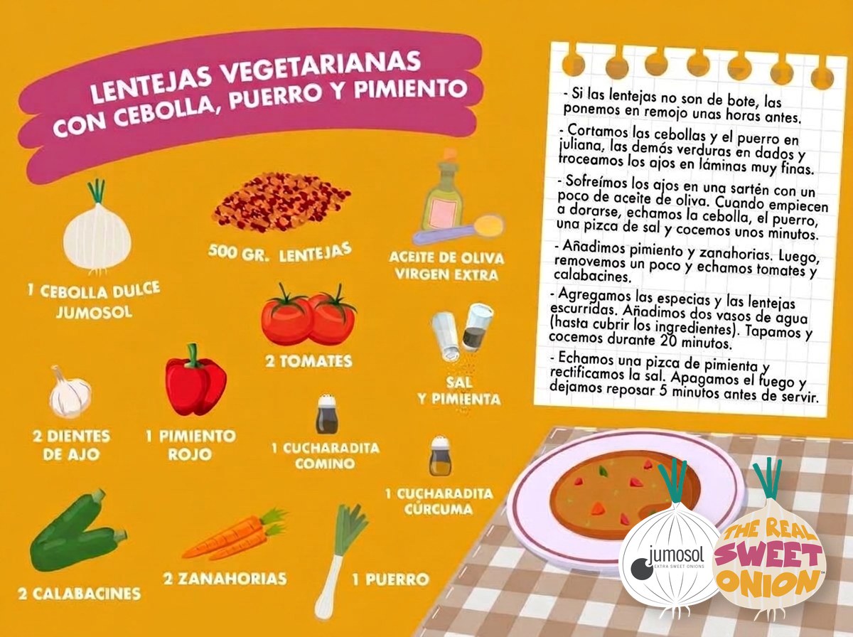Lámina ilustrada de la receta de lentejas vegetarianas con cebolla dulce Jumosol, puerro y pimiento