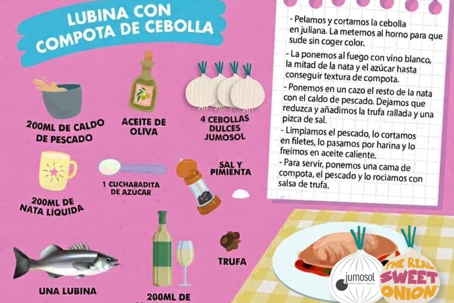Lámina ilustrada de la receta de lubina con compota de cebolla dulce Jumosol