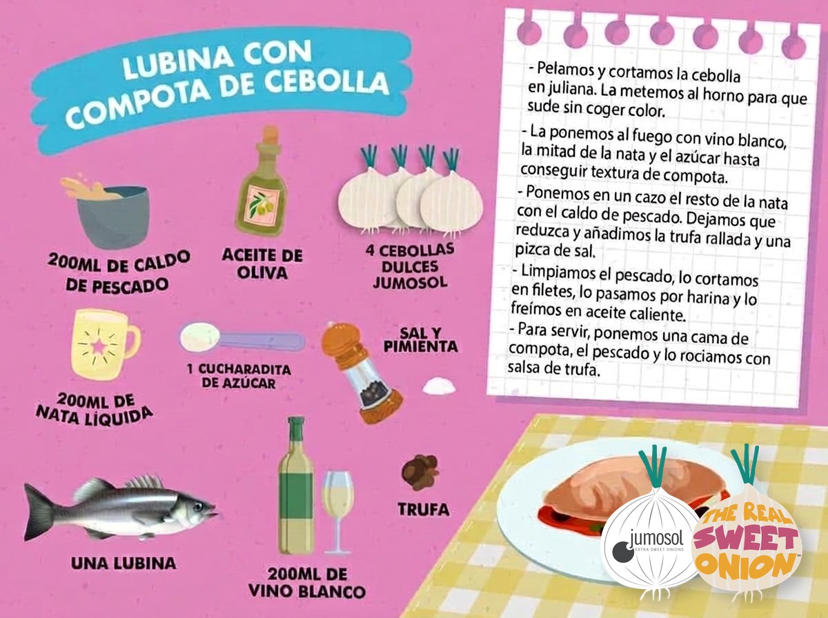 Lubina con compota de cebolla dulce y salsa de trufa 1 Lámina ilustrada de la receta de lubina con compota de cebolla dulce Jumosol