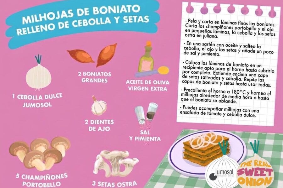 Lámina ilustrada de la receta de milhojas de boniato relleno de cebolla dulce Jumosol y setas