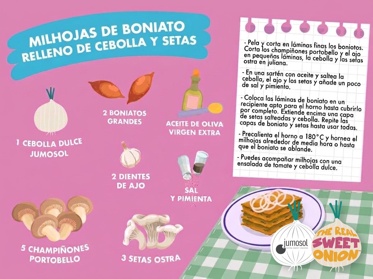 Milhojas de boniato relleno de cebolla dulce y setas 1 Lámina ilustrada de la receta de milhojas de boniato relleno de cebolla dulce Jumosol y setas