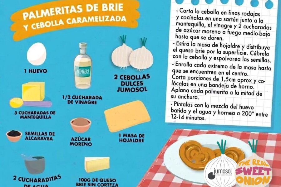 Lámina ilustrada de la receta de palmeritas de brie y cebolla caramelizada, con los ingredientes dibujados (2 cebollas dulces Jumosol, brie, hojaldre) y los pasos de preparación