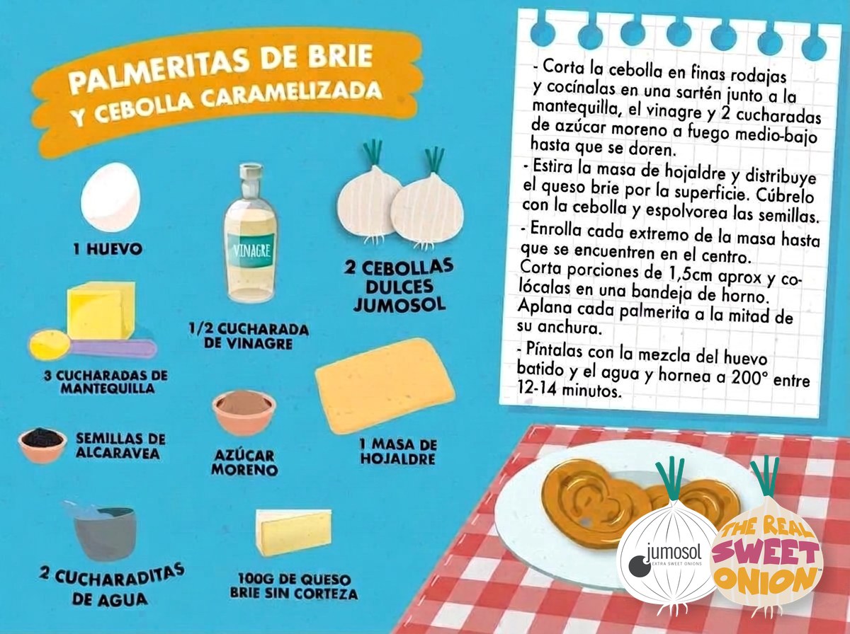 Palmeritas de brie y cebolla caramelizada: el aperitivo que se acaba primero 1 Lámina ilustrada de la receta de palmeritas de brie y cebolla caramelizada, con los ingredientes dibujados (2 cebollas dulces Jumosol, brie, hojaldre) y los pasos de preparación