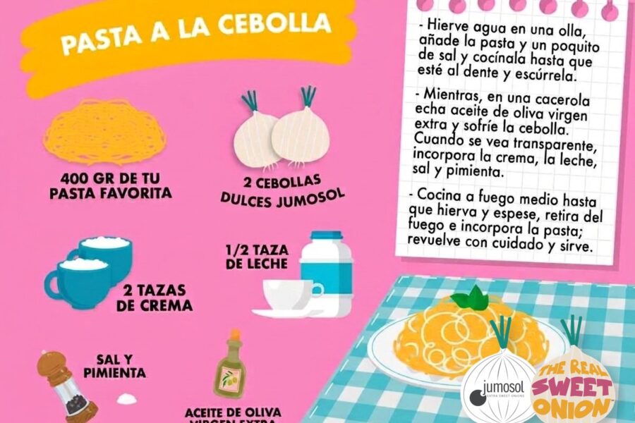 Lámina ilustrada de la receta de pasta a la cebolla con cebolla dulce Jumosol