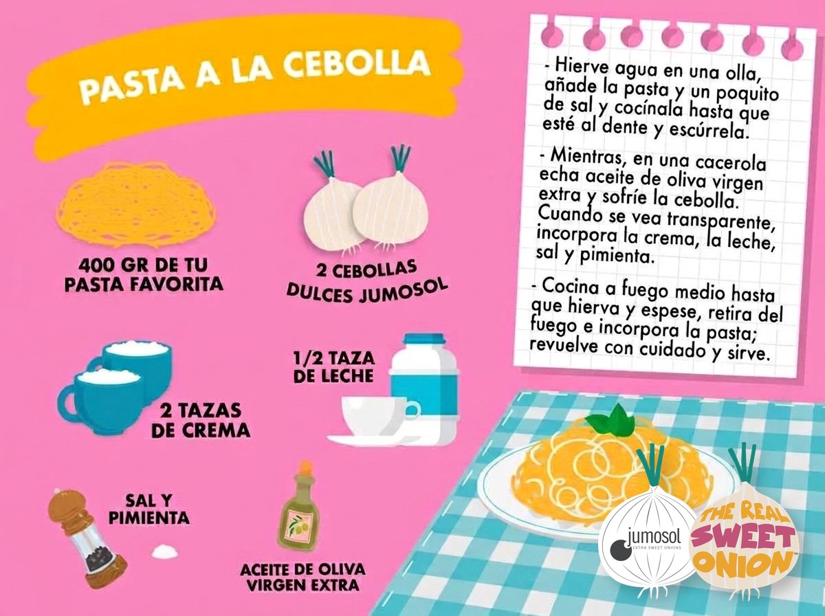 Pasta a la cebolla dulce: salsa cremosa en 3 pasos 1 Lámina ilustrada de la receta de pasta a la cebolla con cebolla dulce Jumosol