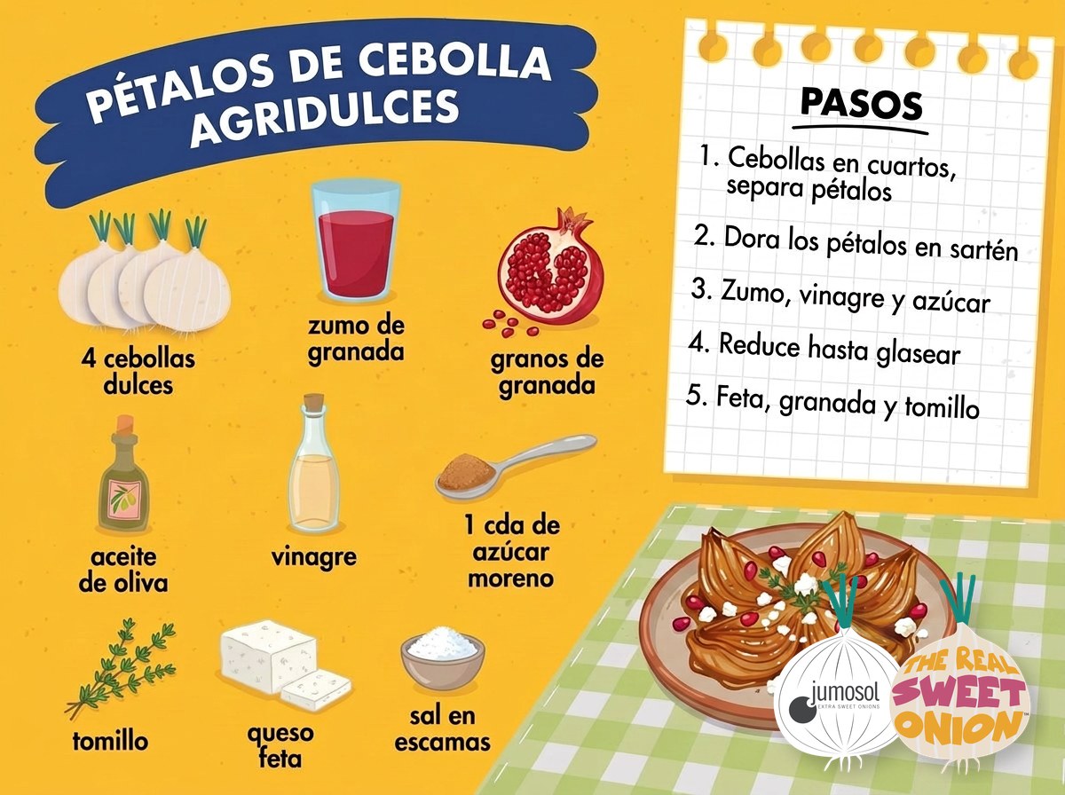 Pétalos de cebolla agridulces con granada y feta, al estilo Ottolenghi 1 Lámina ilustrada de la receta de pétalos de cebolla agridulces con granada y feta con cebolla dulce Jumosol: ingredientes y pasos